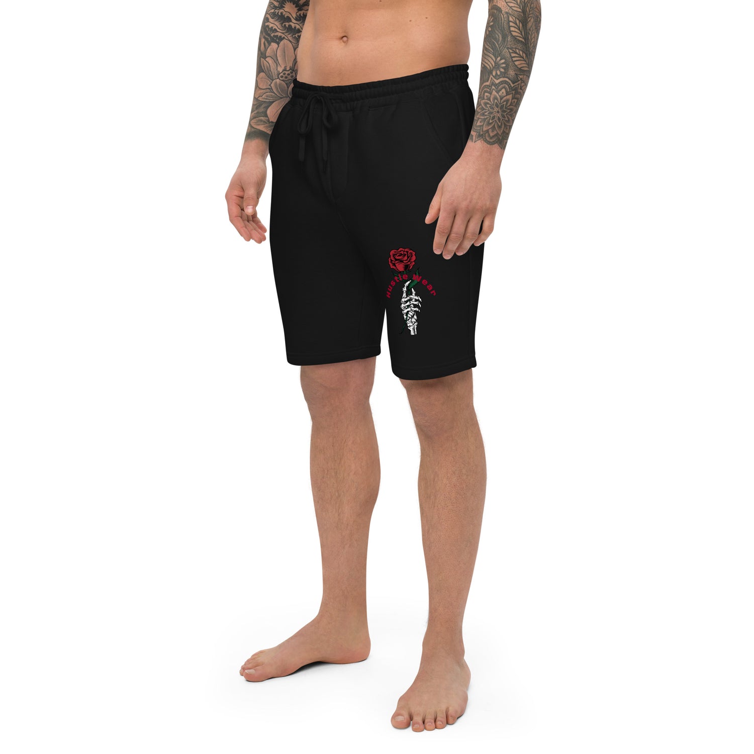 Live to Die men's fleece shorts 80% ring-spun cotton elastic waistband shoestring drawcord back pocket two jersey-lined hand pockets tapered knee opening